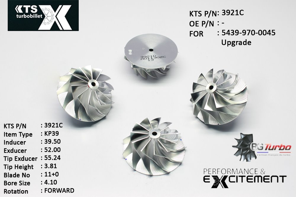 Turbo ROUE FORGÉE MFS PERFORMANCE - 11+0 PALES - INDUCER : 39,5 - EXDUCER : 52 - TYPE : KP39ANGLE : 55° - ROTATION : Forward - SUPER BACK : 0 - BORE SIZE : 4,1
